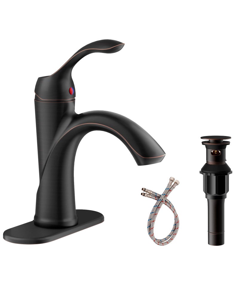 Homevacious Oil Rubbed Bronze Bathroom Faucet 1 Hole One-Handle Lever Bathroom Sink Faucets Bath Rustic Lavatory Basin Mixer Tap with Pop Up Drain with Overflow Supply Hose ORB - Image 1